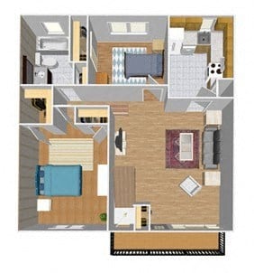 Floor plan for 2 beds, 1 bath, 963 sqft